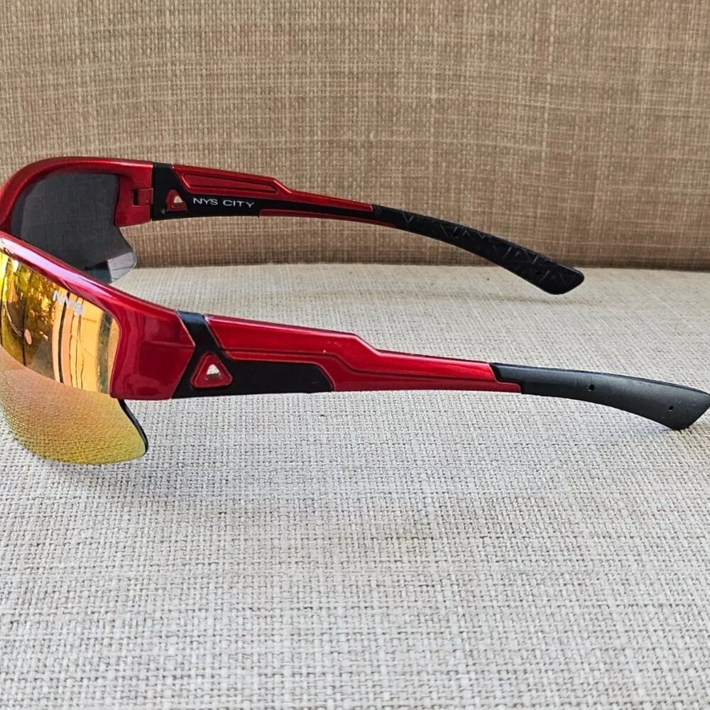 NYS City Men Sunglasses Red Wrap Frame Mirror Lenses Eye Wear Nautilus Avenue - Picture 6 of 11